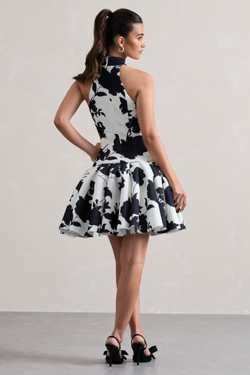 Masterpiece Cream Floral Print High-Neck Mini Dress With Volume Hem